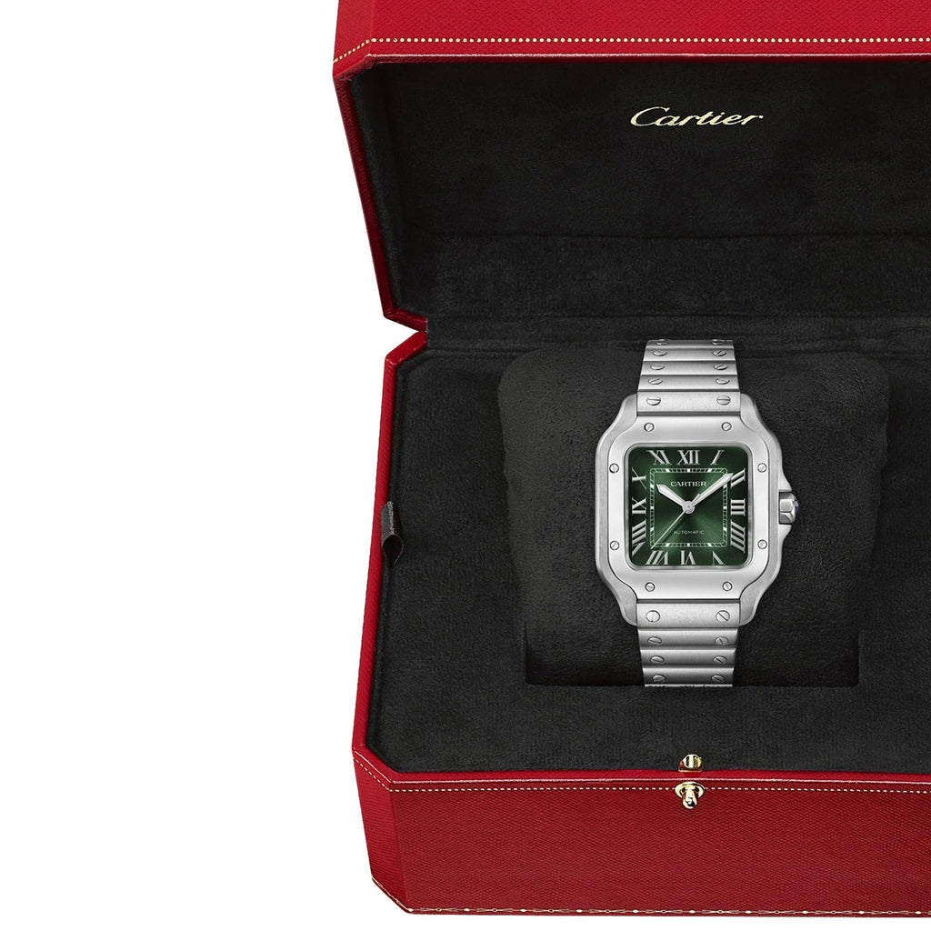 Santos de Cartier mittleres Modell | 35 mm, Stahl, grünes Zifferblatt