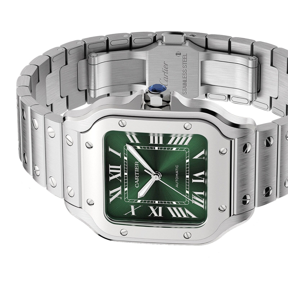Santos de Cartier mittleres Modell | 35 mm, Stahl, grünes Zifferblatt