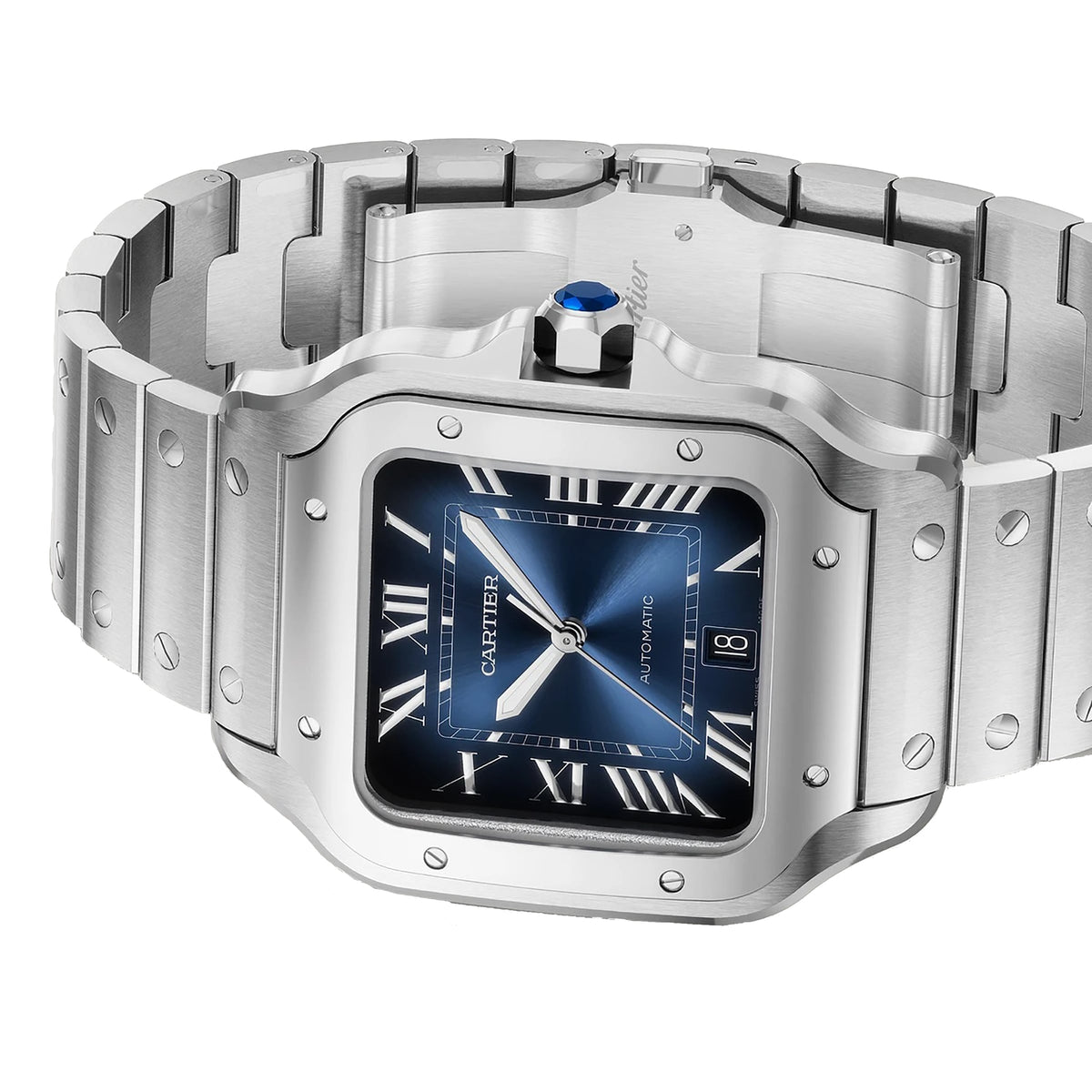 Santos de Cartier Großes Modell | 40 mm, Stahl, blaues Zifferblatt