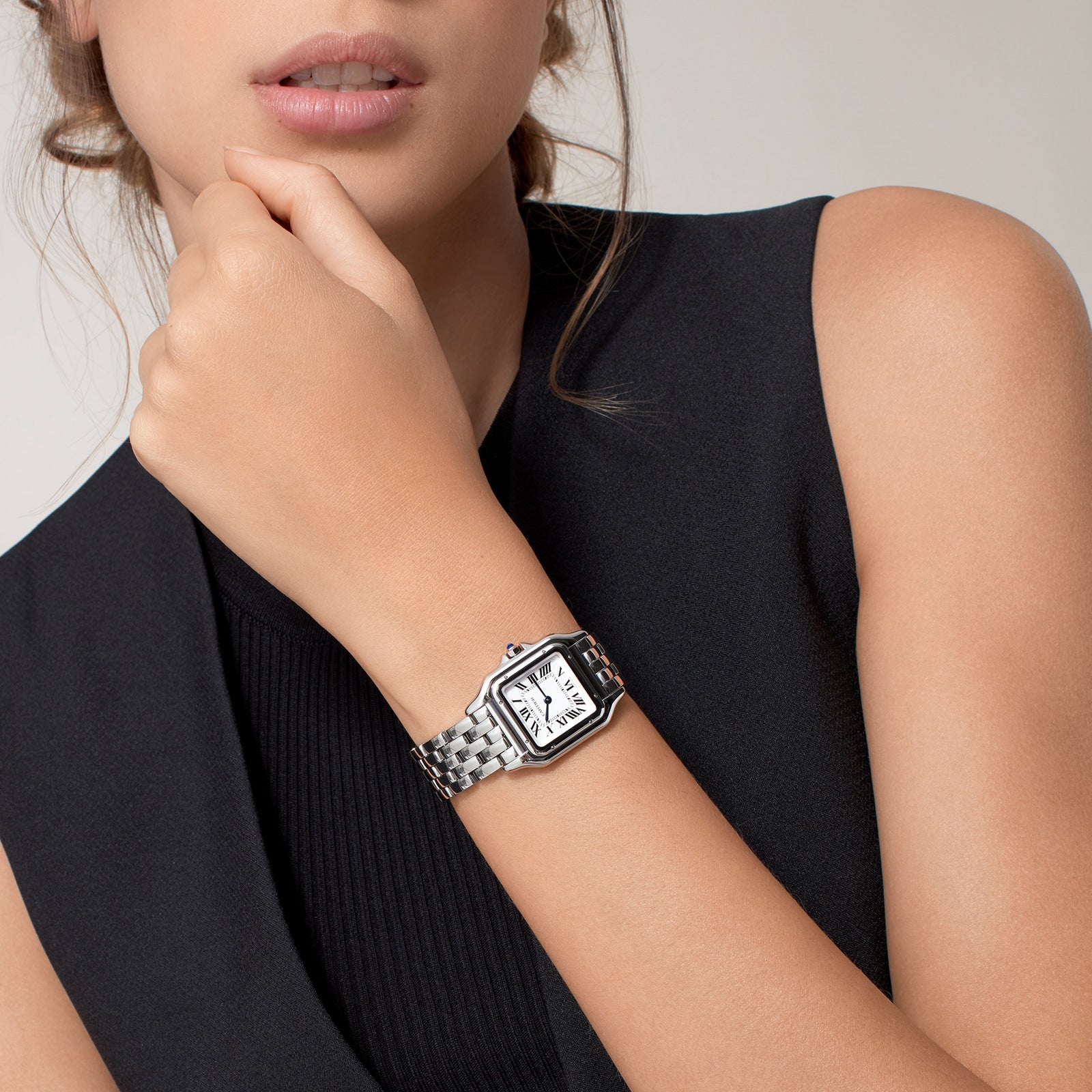 Panthère de Cartier Mittleres Modell | 27 mm, Stahl, weißes Zifferblatt
