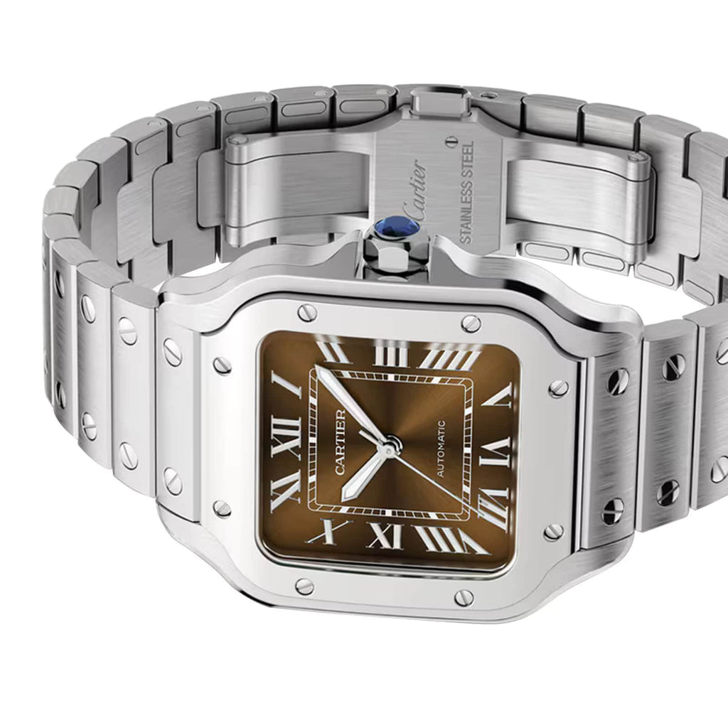 Santos de Cartier Mittelgroßes Modell | 35 mm, Stahl, braunes Zifferblatt