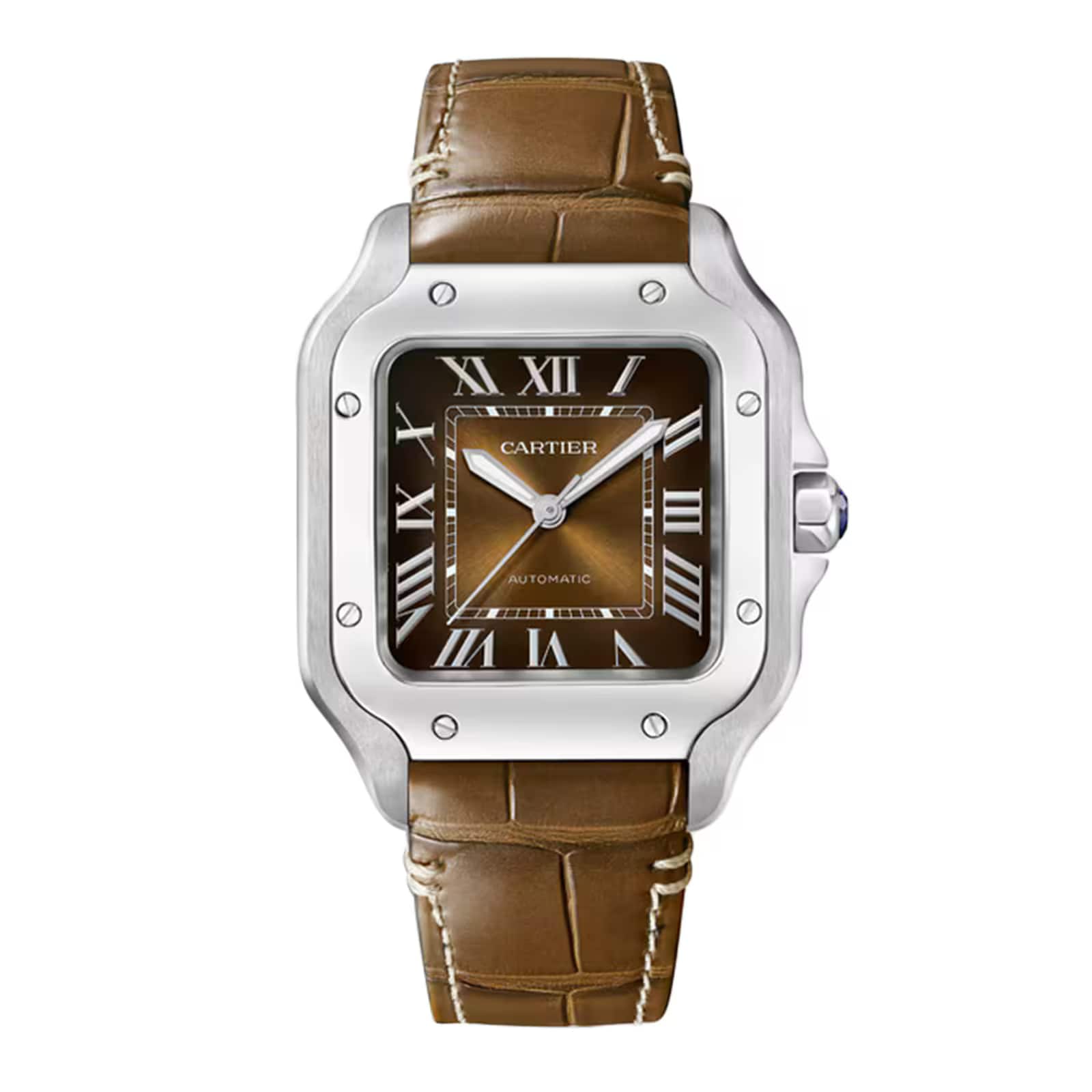Santos de Cartier Mittelgroßes Modell | 35 mm, Stahl, braunes Zifferblatt