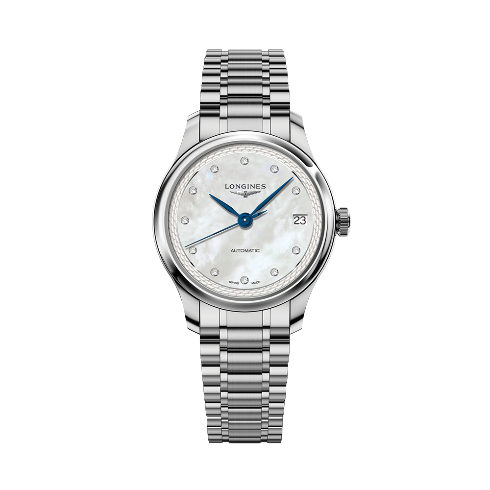 Longines Master 34mm – Weiß, Perlmutt, diamantbesetzt am Armband
