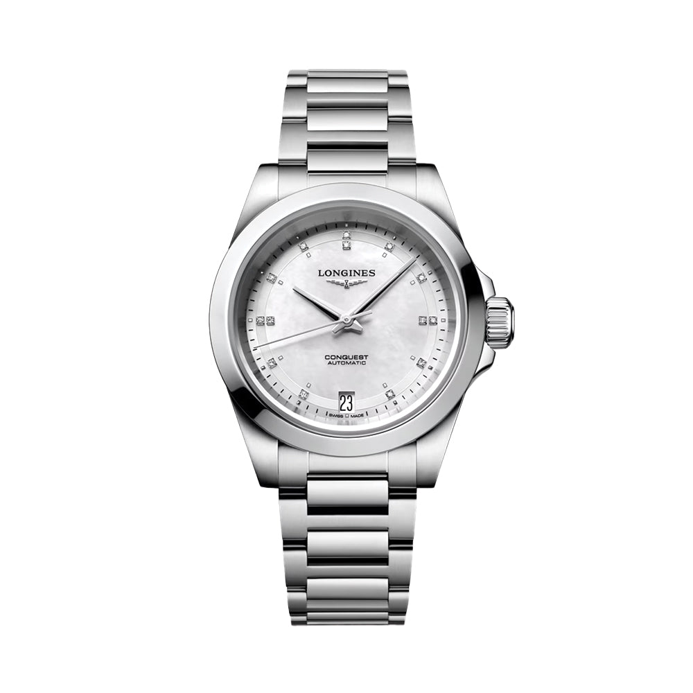 Longines Conquest 34mm – Weiß, Perlmutt mit Diamanten am Armband