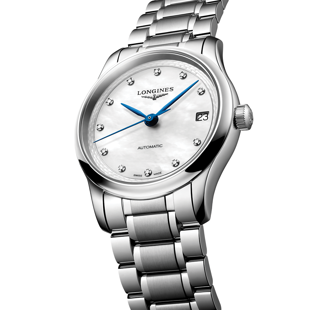 Longines Master 34mm – Weiß, Perlmutt, diamantbesetzt am Armband