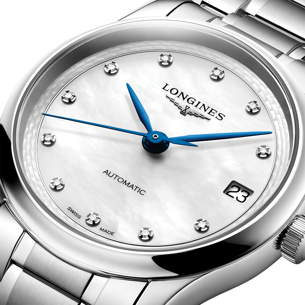 Longines Master 34mm – Weiß, Perlmutt, diamantbesetzt am Armband