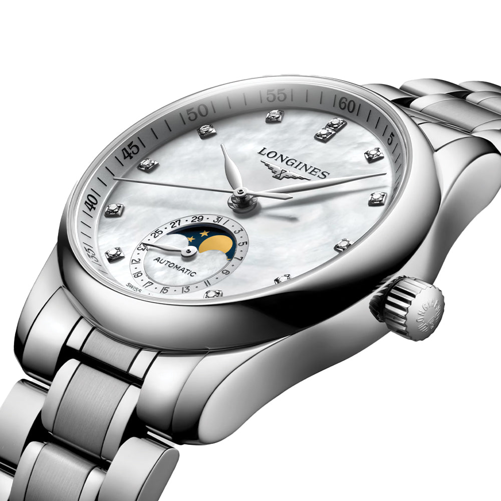 Longines Master Collection Mondphase 34mm – Weiß am Armband