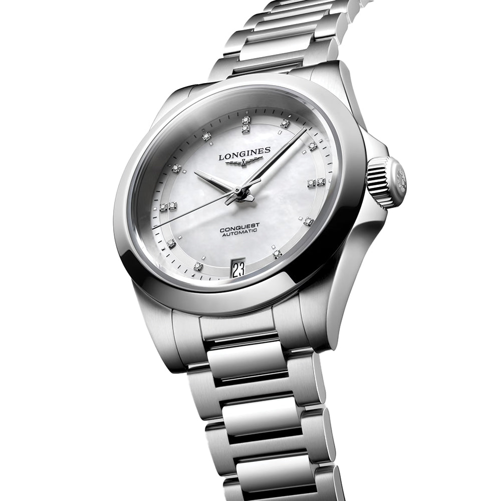 Longines Conquest 34mm – Weiß, Perlmutt mit Diamanten am Armband