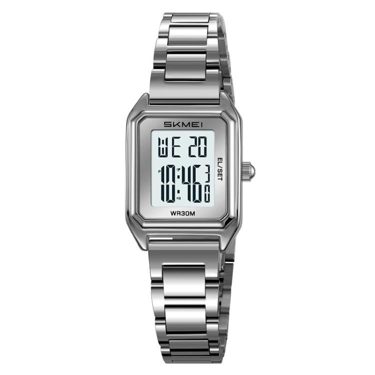 Skmei-2493-kleine-Damen-Elektronik-Uhr-quadratisches-Stahlarmband-Uhr-Stil-Silbergehäuse-weiß