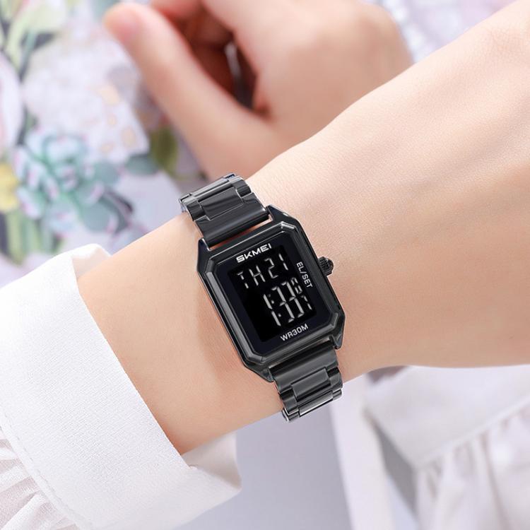 Skmei-2493-kleine-Damen-Elektronik-Uhr-quadratisches-Stahlarmband-Uhr-Stil-Silbergehäuse-weiß