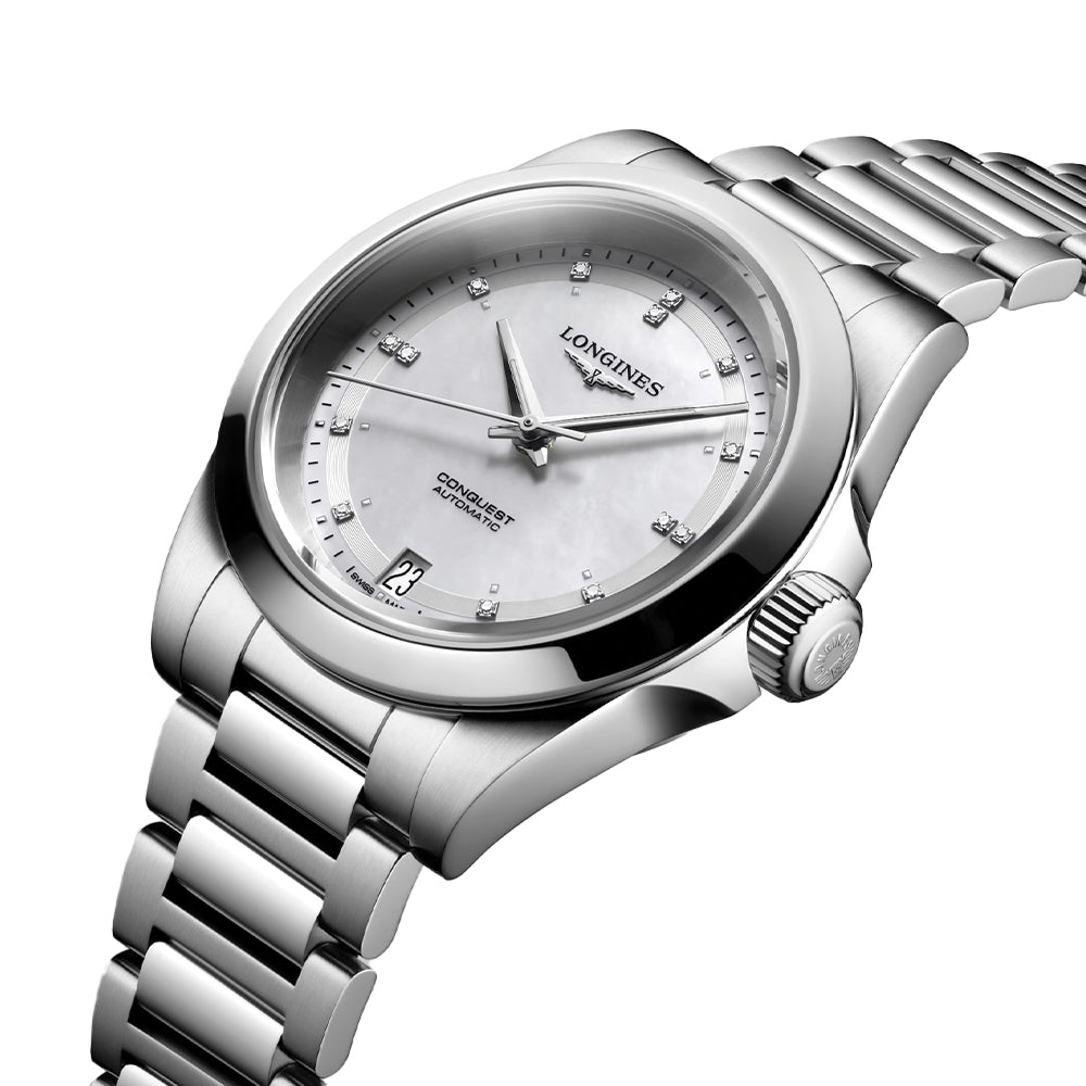 Longines Conquest 34mm – Weiß, Perlmutt mit Diamanten am Armband