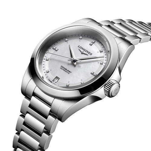 Longines Conquest 34mm – Weiß, Perlmutt mit Diamanten am Armband
