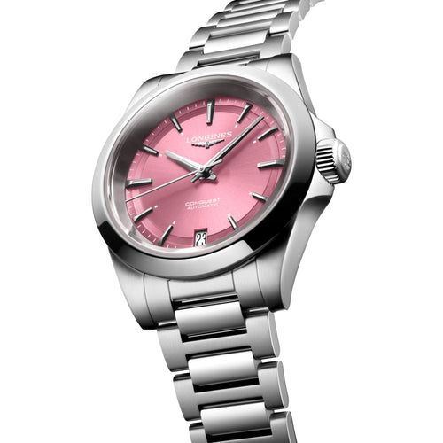 Longines Conquest 34mm - Sonnenschliff-Rosa am Armband