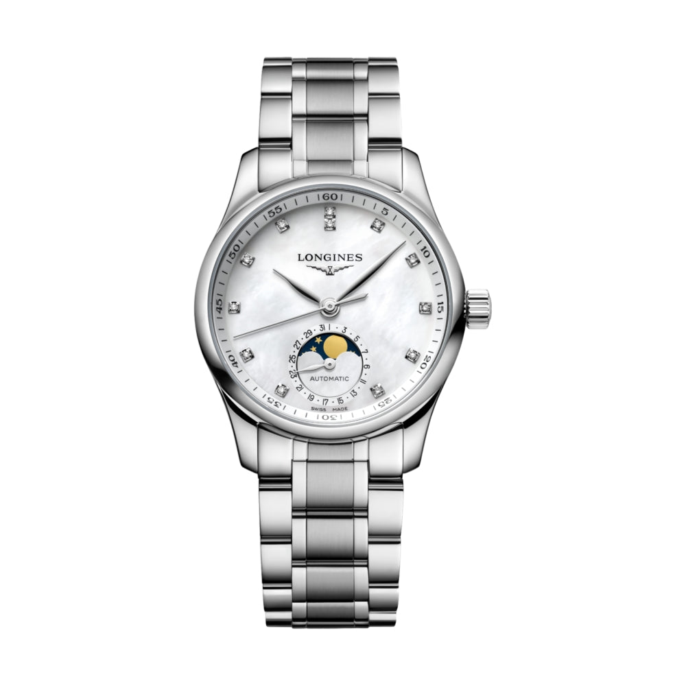 Longines Master Collection Mondphase 34mm – Weiß am Armband